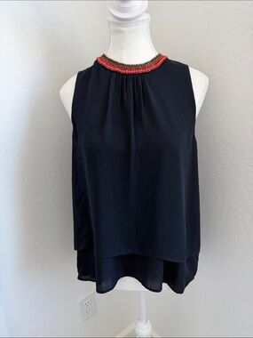J Crew Sleeveless Navy Beaded-Neck Blouse NWOT